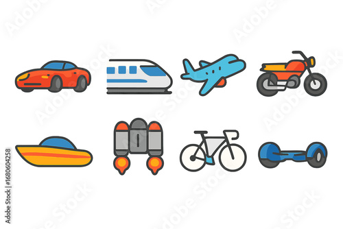 Speedy Transport Icons. Flat vector mini-illustrations transportation speed in colors children's illustrations: sports car, bullet