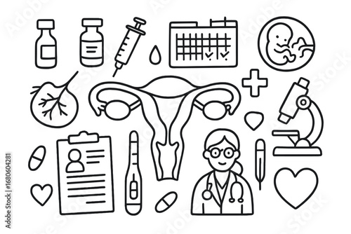 Reproductive Health Icons. Hand-drawn doodle illustration fallopian tubes reproductive health fallopian tubes, ovaries, uterus,