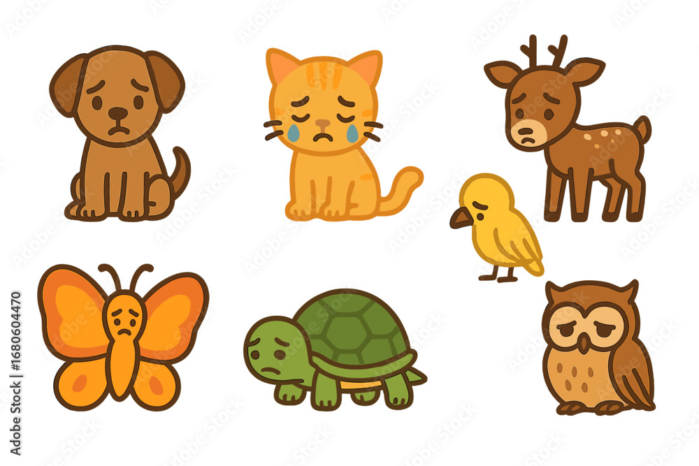 Fototapeta premium Sad Animal Illustrations. Flat vector mini-illustrations sorrow in animals in colors children's illustrations: sad puppy, crying