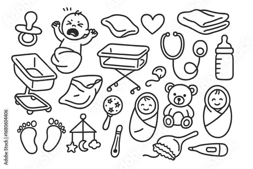Newborn Essentials Doodles. Hand-drawn doodle illustration first cry newborn baby, pacifier, baby blanket, hospital bassinet,
