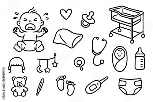 Newborn Essentials Doodles. Hand-drawn doodle illustration first cry newborn baby, pacifier, baby blanket, hospital bassinet,