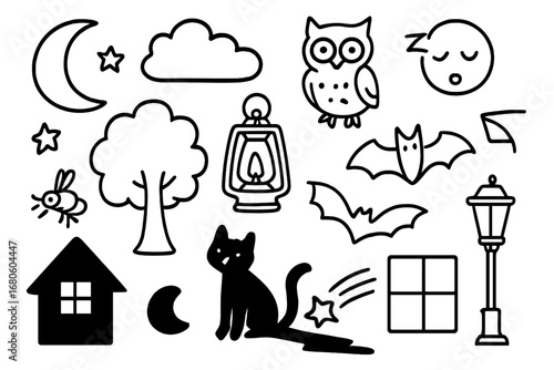 Nighttime Doodle Elements. Hand-drawn doodle illustration nighttime setting moon, stars, owl, tree, cloud, firefly, lantern, bat,