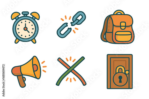 Stress Triggers Icons. Flat vector mini-illustrations mental breakdown triggers in colors children's illustrations: clock ticking,