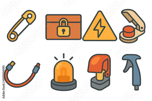 Safety Detonator Icons. Flat vector mini-illustrations safety detonators in colors children's illustrations: safety pin, locked