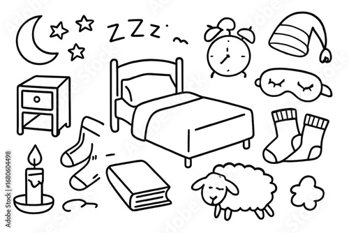 Nighttime Sleep Doodles. Hand-drawn doodle illustration Nighttime comfort for sleep bed, pillow, blanket, slippers, cozy socks,