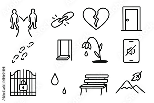 Separate Paths Icons. Hand-drawn doodle illustration growing apart split road, two figures walking away, broken chain, cracked