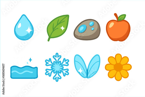 Shiny Nature Icons. Flat vector mini-illustrations shiny nature in colors children's illustrations: dewdrop, shiny leaf, wet rock,