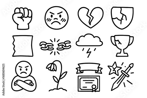 Symbols of Defeat. Hand-drawn doodle illustration offended pride clenched fist, blushing face, broken heart, cracked shield, torn
