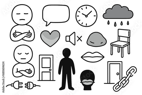 Symbols of Detachment. Hand-drawn doodle illustration apathy blank face, folded hands, empty speech bubble, closed eyes, clock,
