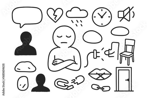 Symbols of Detachment. Hand-drawn doodle illustration apathy blank face, folded hands, empty speech bubble, closed eyes, clock,