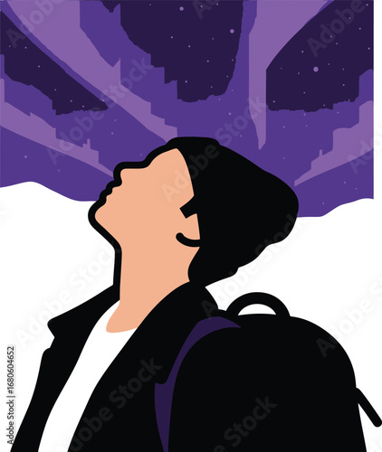 Solo traveler with a backpack looking up at the enchanting purple northern lights in a snowy landscape illustration