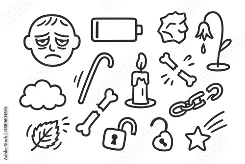 Symbols of Exhaustion. Hand-drawn doodle illustration fatigue and weakness tired face, drooping eyelids, empty battery, crumpled