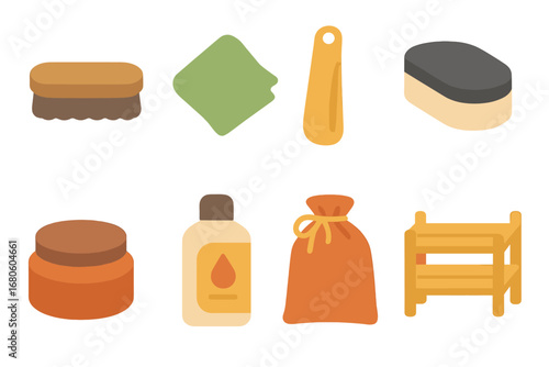 Shoe Care Icons. Flat vector mini-illustrations shoe care accessories in colors children's illustrations: shoe polish brush,