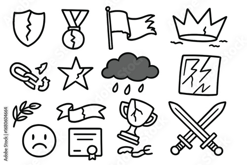 Symbols of Dishonor. Hand-drawn doodle illustration dishonor and disgrace broken shield, cracked medal, torn flag, fallen crown,