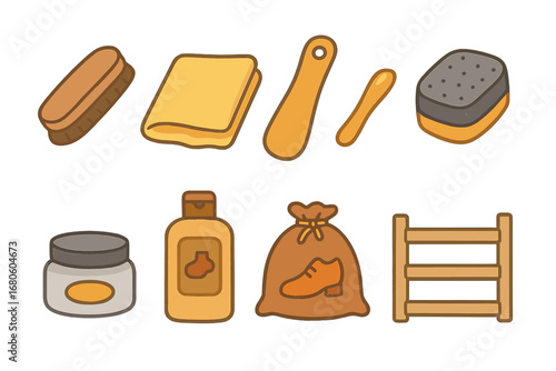 Shoe Care Icons. Flat vector mini-illustrations shoe care accessories in colors children's illustrations: shoe polish brush,
