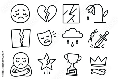Symbols of Regret. Hand-drawn doodle illustration shame and regret blushing face, broken heart, cracked mirror, wilted flower,