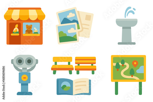 Observation Deck Icons. Flat vector mini-illustrations observation deck souvenirs and amenities in colors children's illustrations