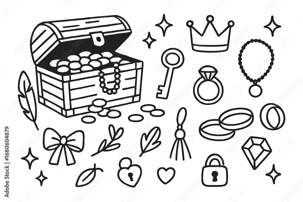 Fototapeta premium Silver Treasure Doodles. Hand-drawn doodle illustration silver treasures treasure chest, silver coins, crown, necklace, ring,