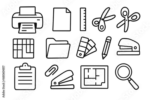 Office Supplies Chaos. Hand-drawn doodle illustration print format printer, paper sheet, ruler, scissors, cutting mat, file folder