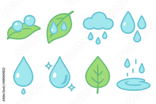 Tearful Nature Icons. Flat vector mini-illustrations tears in nature in colors children's illustrations: dew drops, raindrops on
