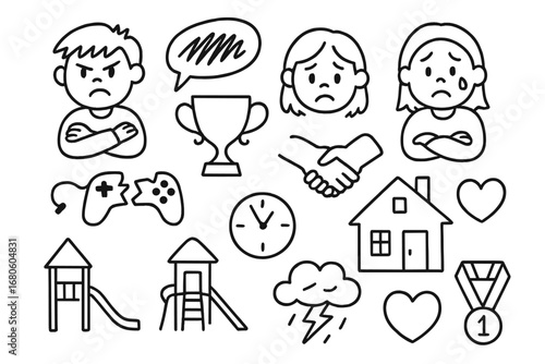Siblings Rivalry Icons. Hand-drawn doodle illustration siblings rivalry jealousy angry face, sad face, broken toy, crossed arms,