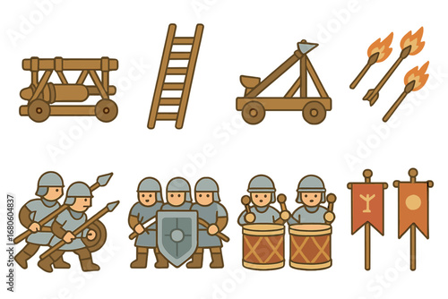 Siege Equipment Icons. Flat vector mini-illustrations battlements siege scenes in colors children's illustrations: battering ram,