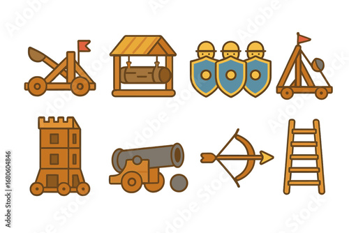 Siege Weapon Icons. Flat vector mini-illustrations siege weapons in colors children's illustrations: catapult, battering ram,