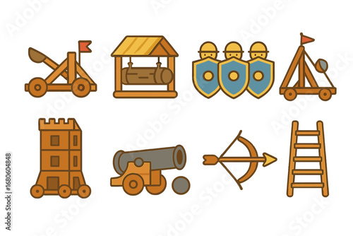 Siege Weapon Icons. Flat vector mini-illustrations siege weapons in colors children's illustrations: catapult, battering ram,