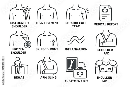 Shoulder Injury Icons. Hand-drawn doodle illustration shoulder injuries dislocated shoulder, torn ligament, rotator cuff tear,