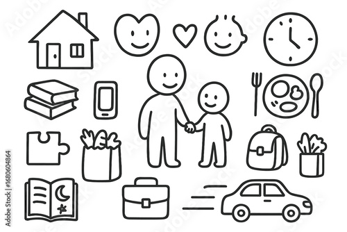 Single Parent Support. Hand-drawn doodle illustration single parent care and support parent holding child hand, heart symbol,