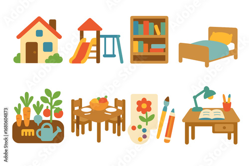 Orphan Shelter Icons. Flat vector mini-illustrations orphan shelter in colors children's illustrations: small house, playground,