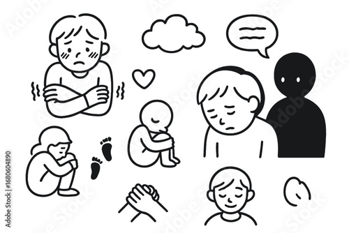 Timid Self-Doubt Doodle. Hand-drawn doodle illustration quiet self-doubt shy face, trembling hands, blushing cheeks, looking down,
