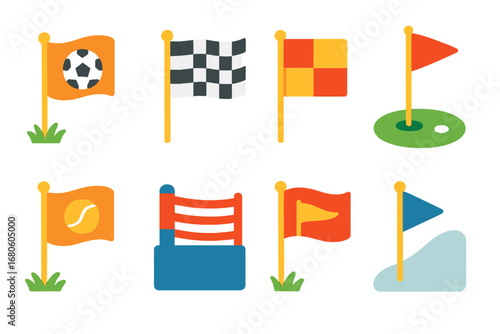 Sports Flags Icons. Flat vector mini-illustrations flags in sports in colors children's illustrations: soccer flag, racing
