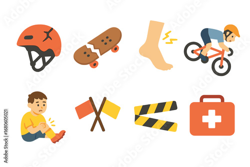 Sports Safety Icons. Flat vector mini-illustrations danger in sports in colors children's illustrations: helmet with crack, broken