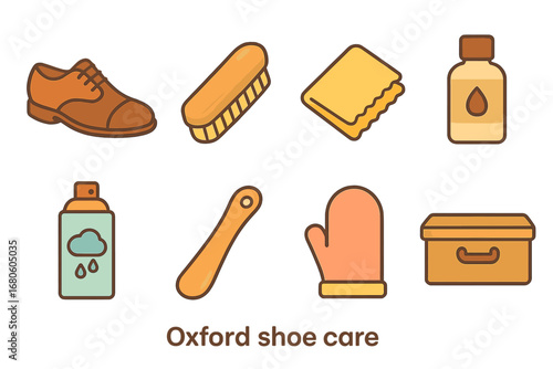 Oxford Shoe Care Icons. Flat vector mini-illustrations oxford shoe care in colors children's illustrations: shoe polish, shoe