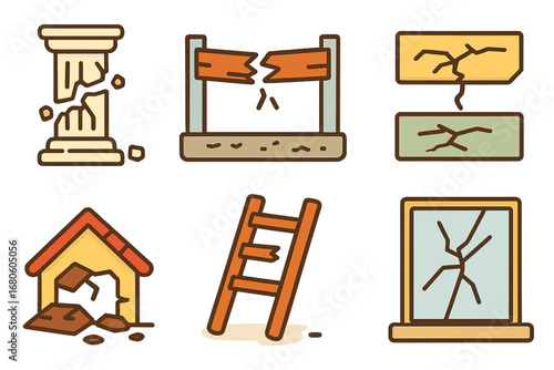 Structural Failure Icons. Flat vector mini-illustrations structural failure in colors children's illustrations: crumbling pillar,