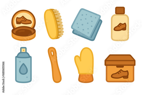 Oxford Shoe Care Icons. Flat vector mini-illustrations oxford shoe care in colors children's illustrations: shoe polish, shoe