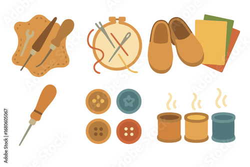 Traditional Crafts Icons. Flat vector mini-illustrations traditional crafts in colors children's illustrations: leatherworking