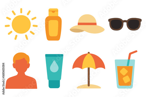 Summer Essentials Icons. Flat vector mini-illustrations sunburn in colors children's illustrations: sun with rays, sunscreen