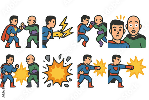 Superhero Showdown Icons. Flat vector mini-illustrations superhero conflict in colors children's illustrations: hero vs villain,