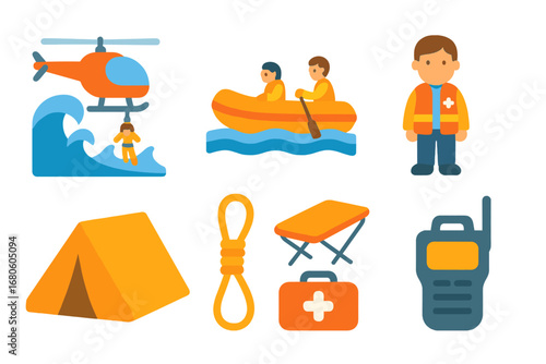 Tsunami Rescue Icons. Flat vector mini-illustrations tsunami rescue in colors children's illustrations: rescue helicopter,