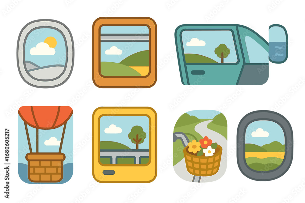 Obraz premium Vehicle Window Views. Flat vector mini-illustrations views from vehicles in colors children's illustrations: airplane window,