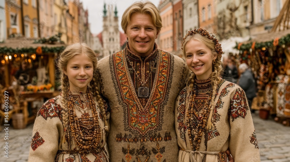 Fototapeta premium Happy lithuanian family in traditional embroidered clothing at a vibrant market street display