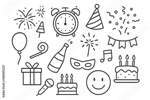 Party Celebration Icons. Hand-drawn doodle illustration Party countdown and celebration clock, fireworks, party hat, confetti,