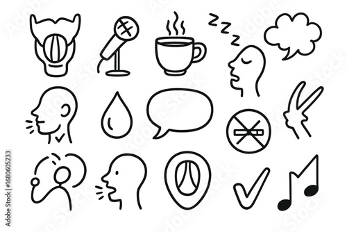 Voice Health Doodles. Hand-drawn doodle illustration voice health larynx, vocal cords, mic icon, warm tea, vocal rest icon, steam