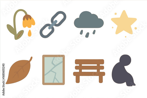 Symbols of Despair. Flat vector mini-illustrations symbols of despair in colors children's illustrations: wilted flower, broken