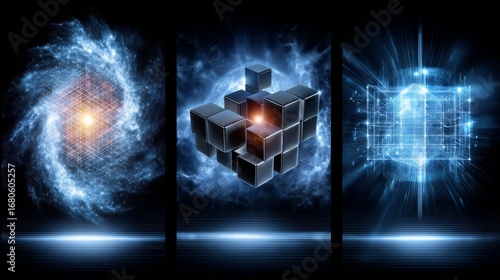 Cosmic Quantum Triptych Nebulae, Cubes, and Glowing Data Structures