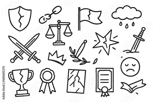 Symbols of Dishonor. Hand-drawn doodle illustration dishonorable acts cracked shield, broken chain, torn flag, fallen crown,