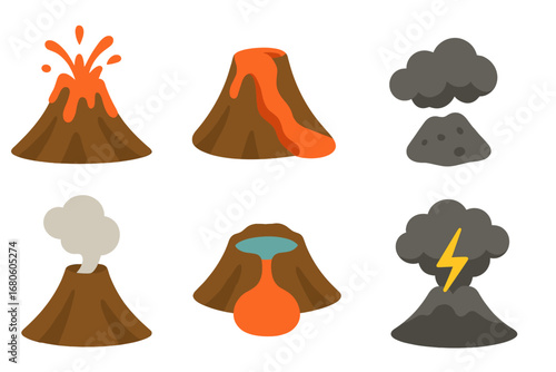 Volcano Icon Set. Flat vector mini-illustrations volcano in colors children's illustrations: erupting volcano, lava flow, ash