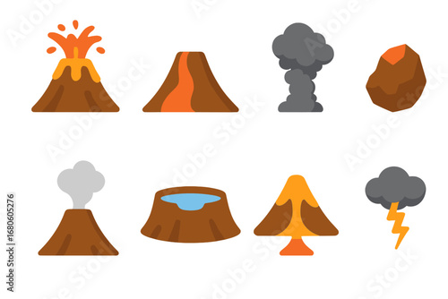 Volcano Icon Set. Flat vector mini-illustrations volcano in colors children's illustrations: erupting volcano, lava flow, ash